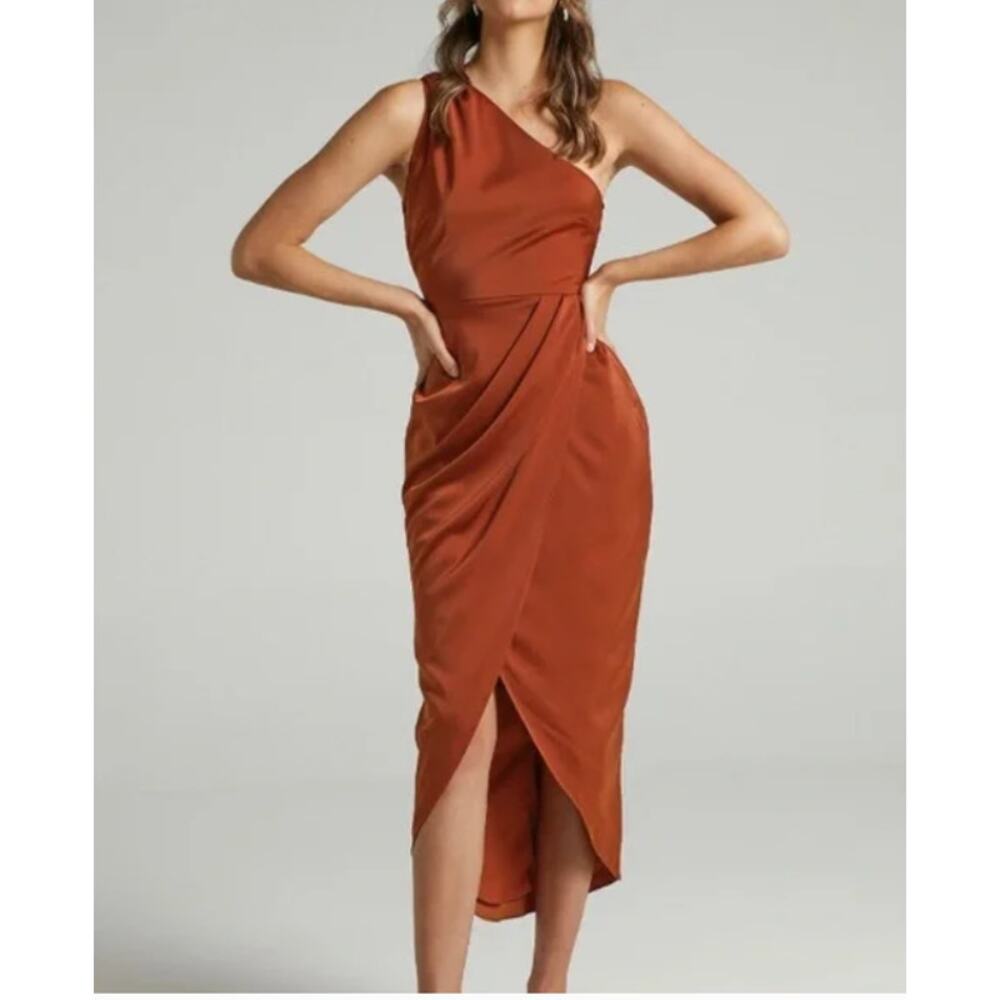 Showpo Felt So Happy One Shoulder Midi‎ Dress Womens US 4 Slit Draped Copper NEW